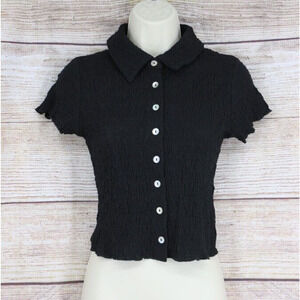 Willow & Root Womens Size XS Crinkle Cropped Button Down Blouse Top Black